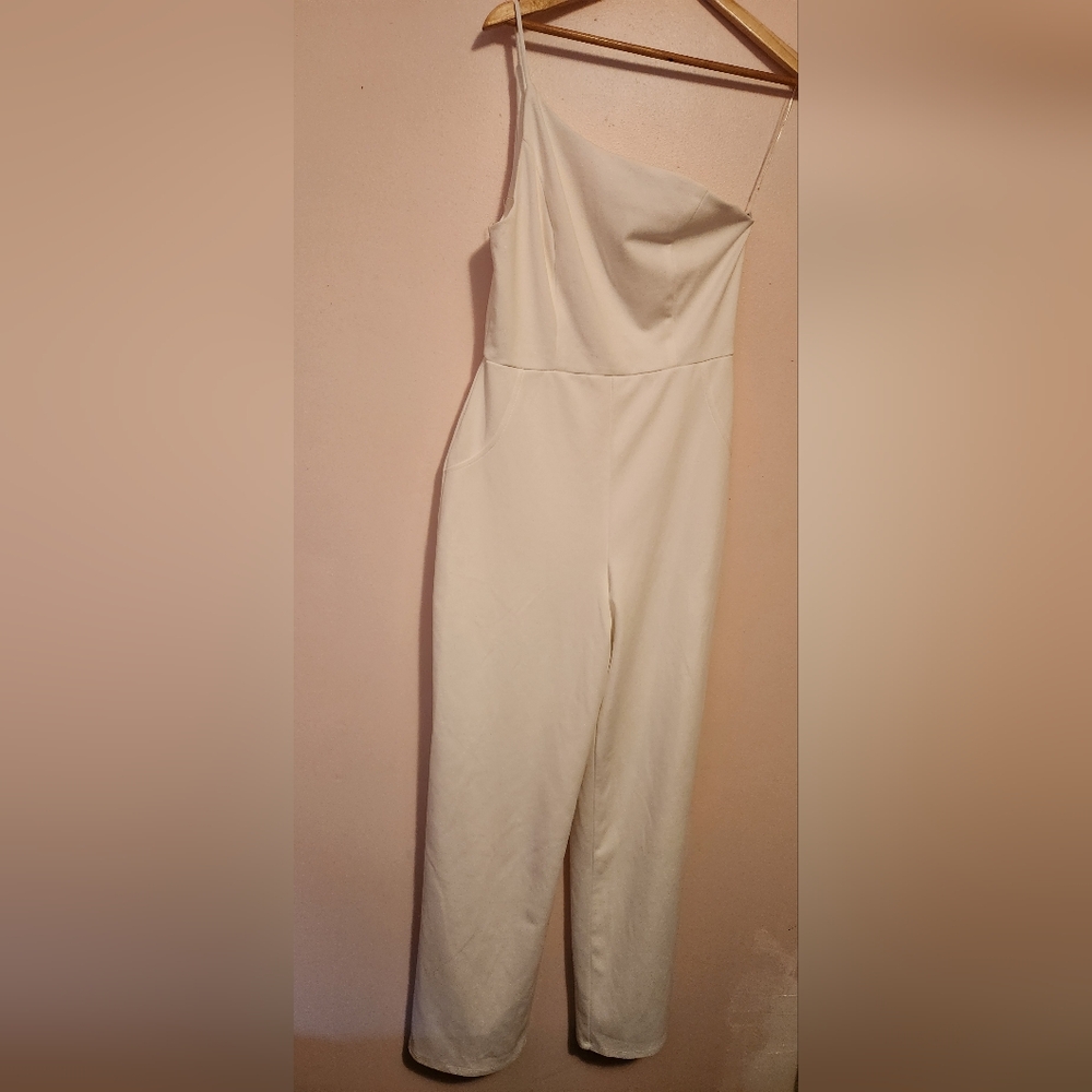 Crystal Sky White One Shoulder Jumpsuit Wide Leg Minimalist Bridal Shower L